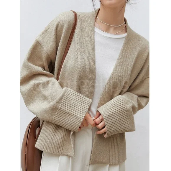Oatmeal Beige Knit Kimono Sweater Tie Belt Boxy Loose Fit Drop Shoulder Wrap - Picture 4 of 12